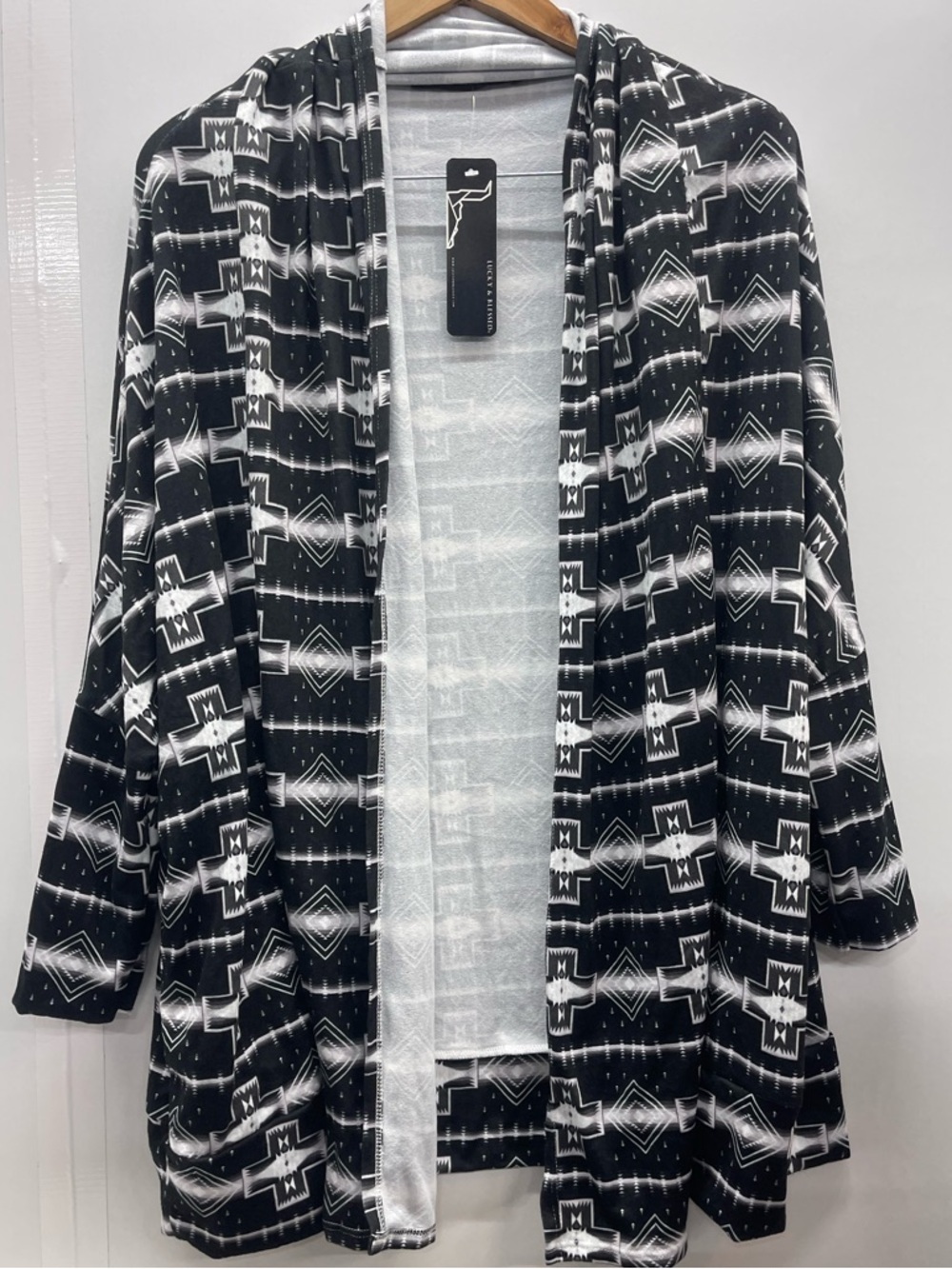 Lucky & Blessed Black and White Geometric Open-Front Cardigan